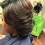 Relaxed hair shampoo, deep conditioning treatment, and flatiron