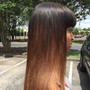 Relaxed hair shampoo, deep conditioning treatment, and flatiron