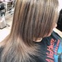 Re-touch color, bangs hilites shampoo n blow dry