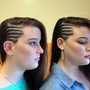 Cornrows. medium sized going to the back, or up into a bun.