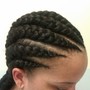 Cornrows. medium sized going to the back, or up into a bun.