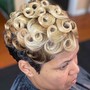 Pixie/ pin curls w/Women’s  Cut , Halo Relaxer Touch Up