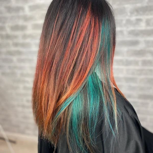 red hair with teal tips