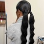 Sleek double ponytail .