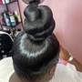 Sleek traditional ponytail or Low and top knot bun or braid