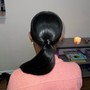 Sleek double ponytail .