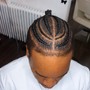 Men corn rolls/stitch braids half of head