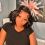 Sleek curly updo ponytail w/ bang leave out