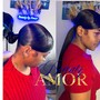 High or low ponytail/ twist knot bun with side swoop or bangs